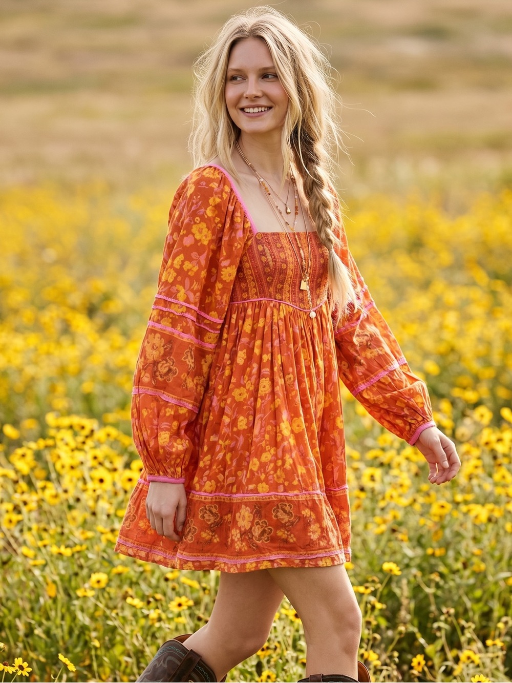 Free People Bohemian Retro 70s Flower Child Endless Afternoon Mini Dress XS